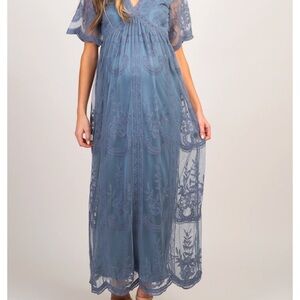 Blue Lace Mesh Overlay Maxi Maternity Dress